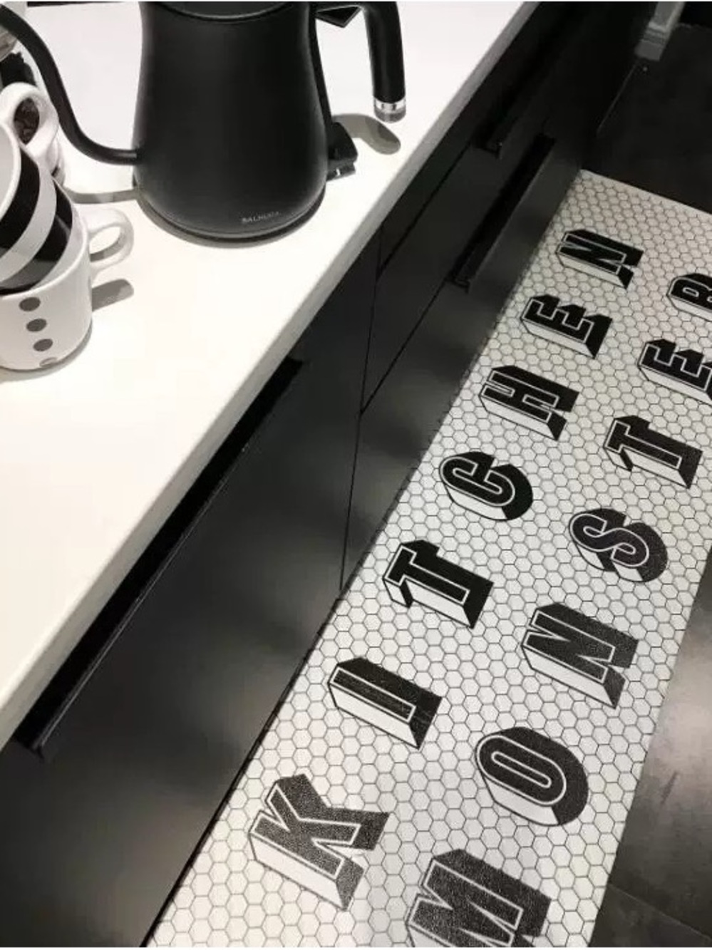 Black and White Lettered Kitchen Runner Rug